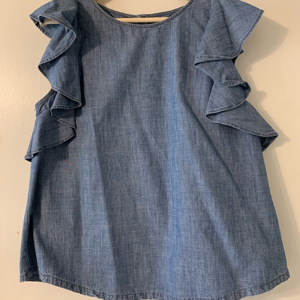 J. Crew Chambray Ruffle Cap Sleeve Blouse